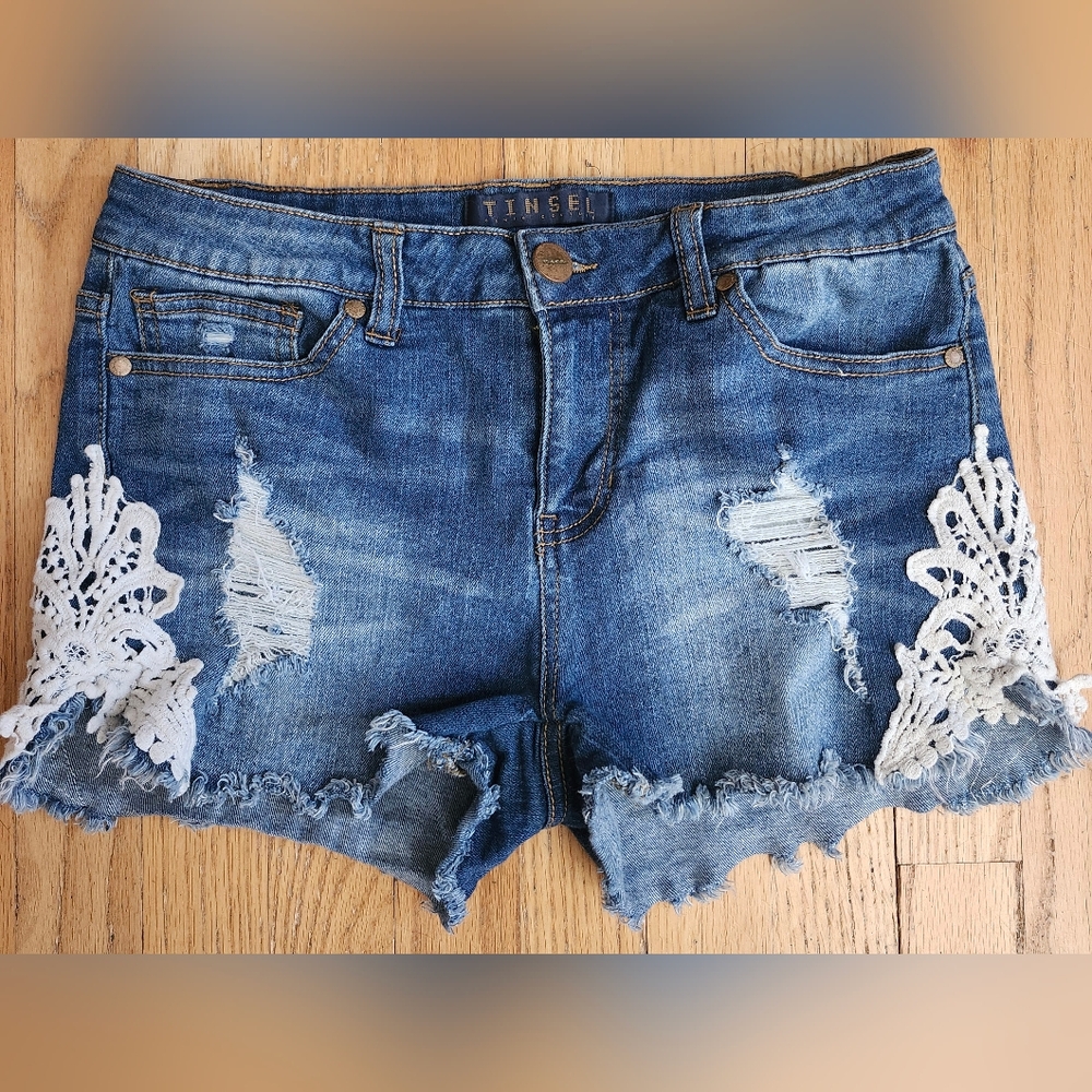 Distressed Jean Shorts with Crochet and Raw Edges in Blue